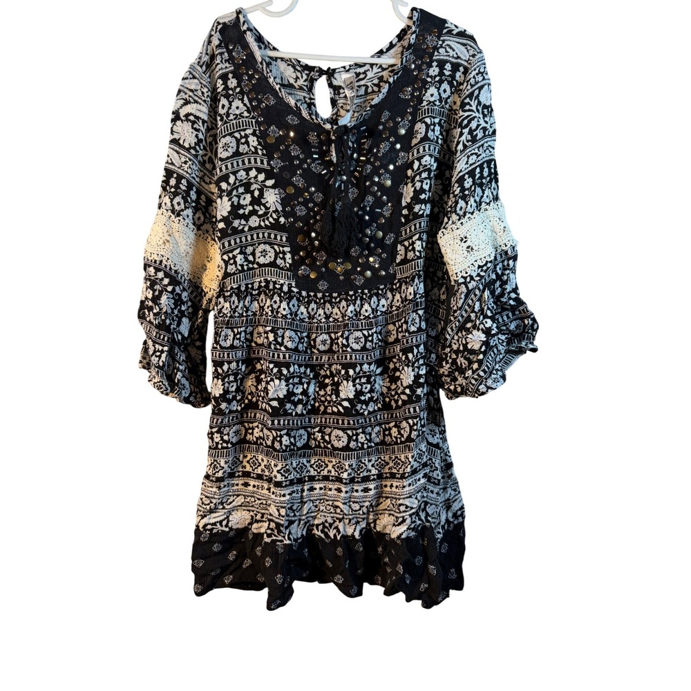Beautees Girls Size 10 Boho Studded Paisley Tunic Top Black White Lace Tassel‎